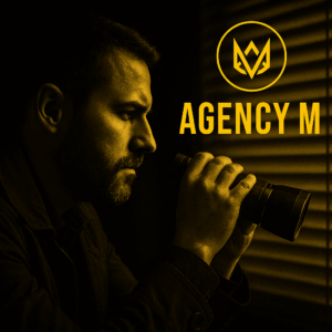 Agency M private investigator conducting discreet surveillance at night with camera equipment to document case evidence.